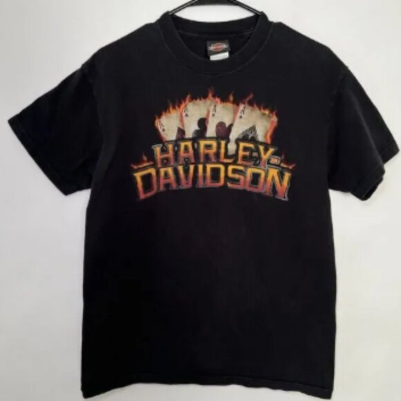 Harley Davidson TNT Quincy Illinois 2008 T Tee Shirt Mens Size Medium Black Aces - Picture 1 of 10